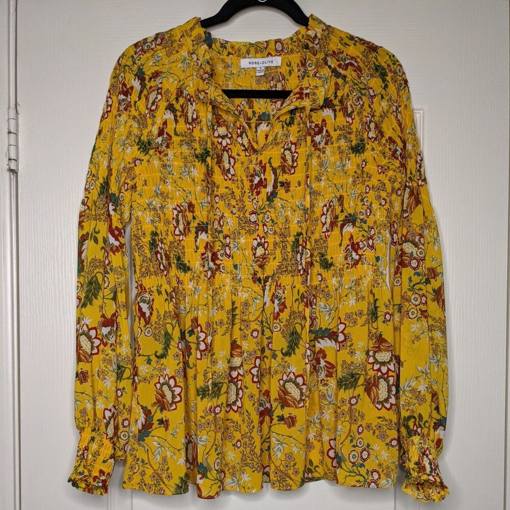 Rose + Olive Womens Size S Top Yellow Floral Long Sleeve Blouse Boho Flowy